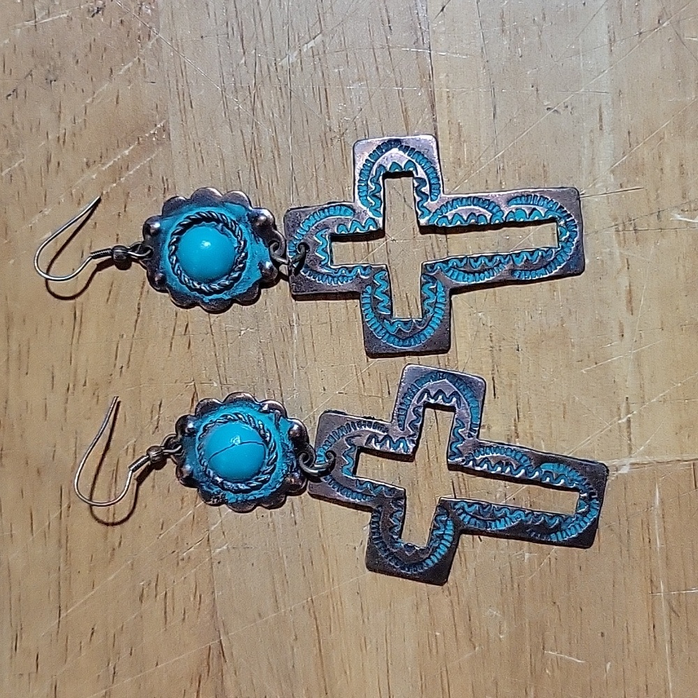 Turquoise Copper Cross Earrings
